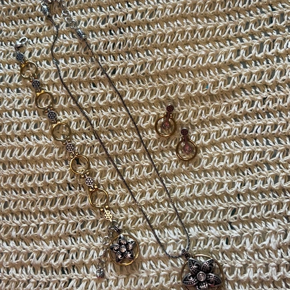 Brighton Jewelry Lot Necklace Bracelet Earrings Two Toned Floral